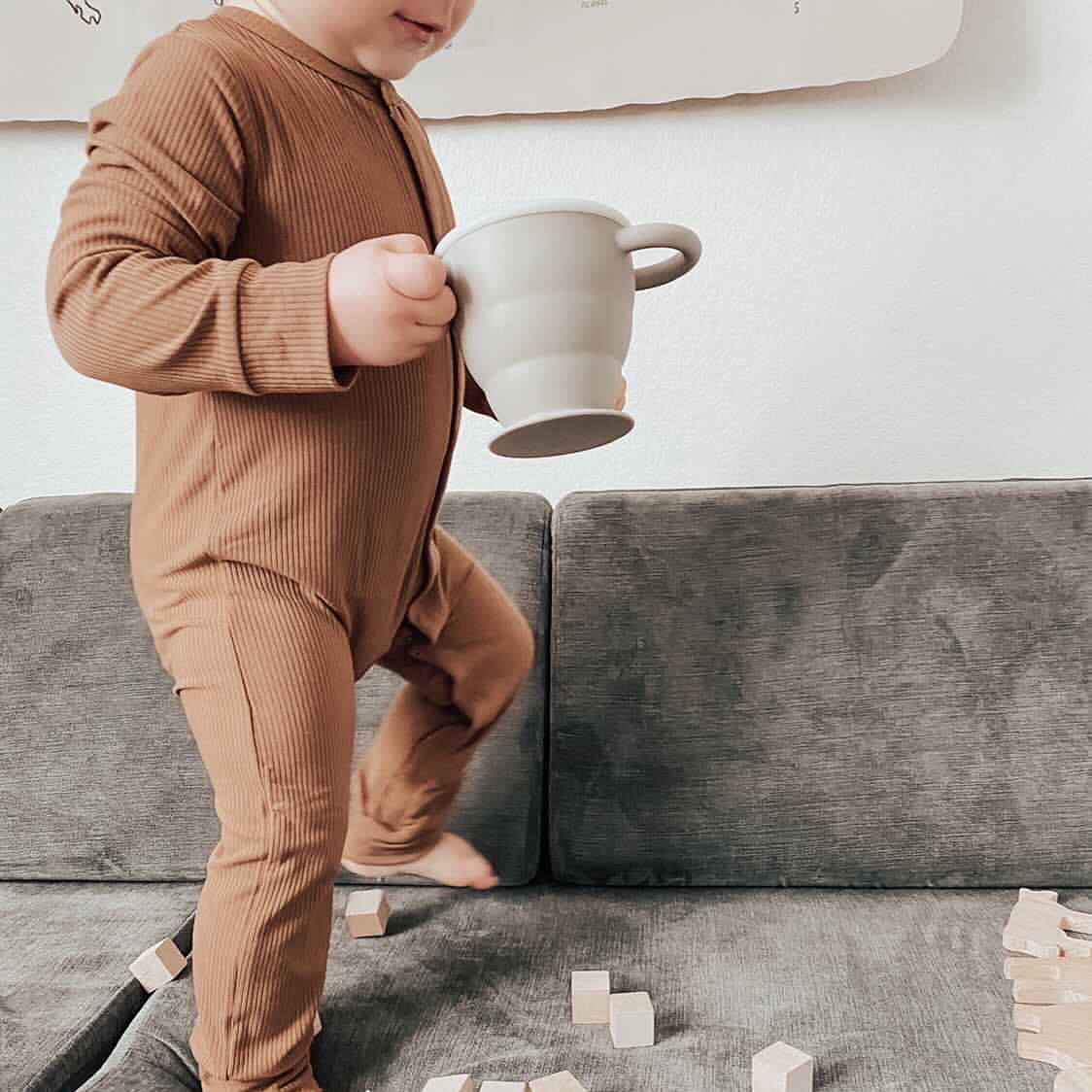 BraveJusticeKidsCo | Snack Attack II Snack Cup | Collapsible Silicone Snack Container | Toddler and Baby Snack Catcher Lid (Fog)