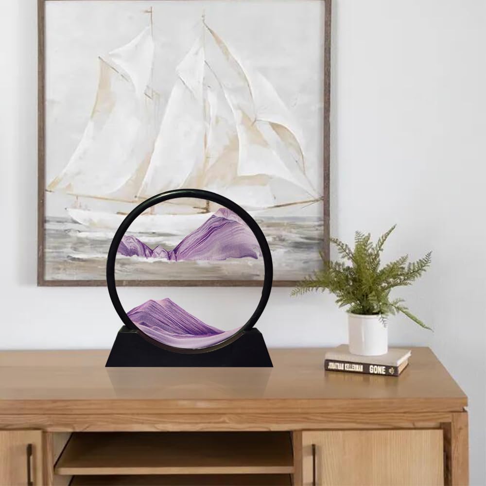 Aoderun Moving Sand Art Picture Round Glass 3D Deep Sea Sandscape in Motion Display Flowing Sand Frame Relaxing Desktop Home Office Work Decor (7", Purple)