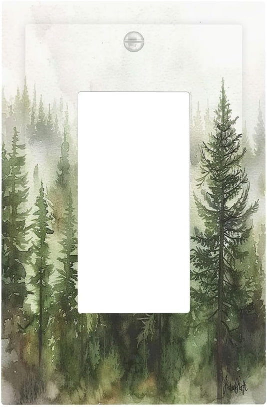 Decorative Outlet Covers Green Forest Watercolor Painting Foggy Pine 1 Gang Single Rocker Light Switch Cover Plate Wall Plates GFCI Faceplate for Bedroom living Room Decor