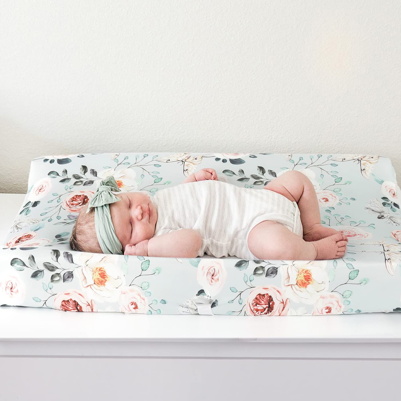 GRSSDER Stretch Ultra Soft Jersey Knit Changing Pad Cover Set 2 Pack, Change Table Pad Covers Fit 32"/34" x 16" Pads Safe and Snug, Stylish Watercolor Flowers and Fruits for Girls