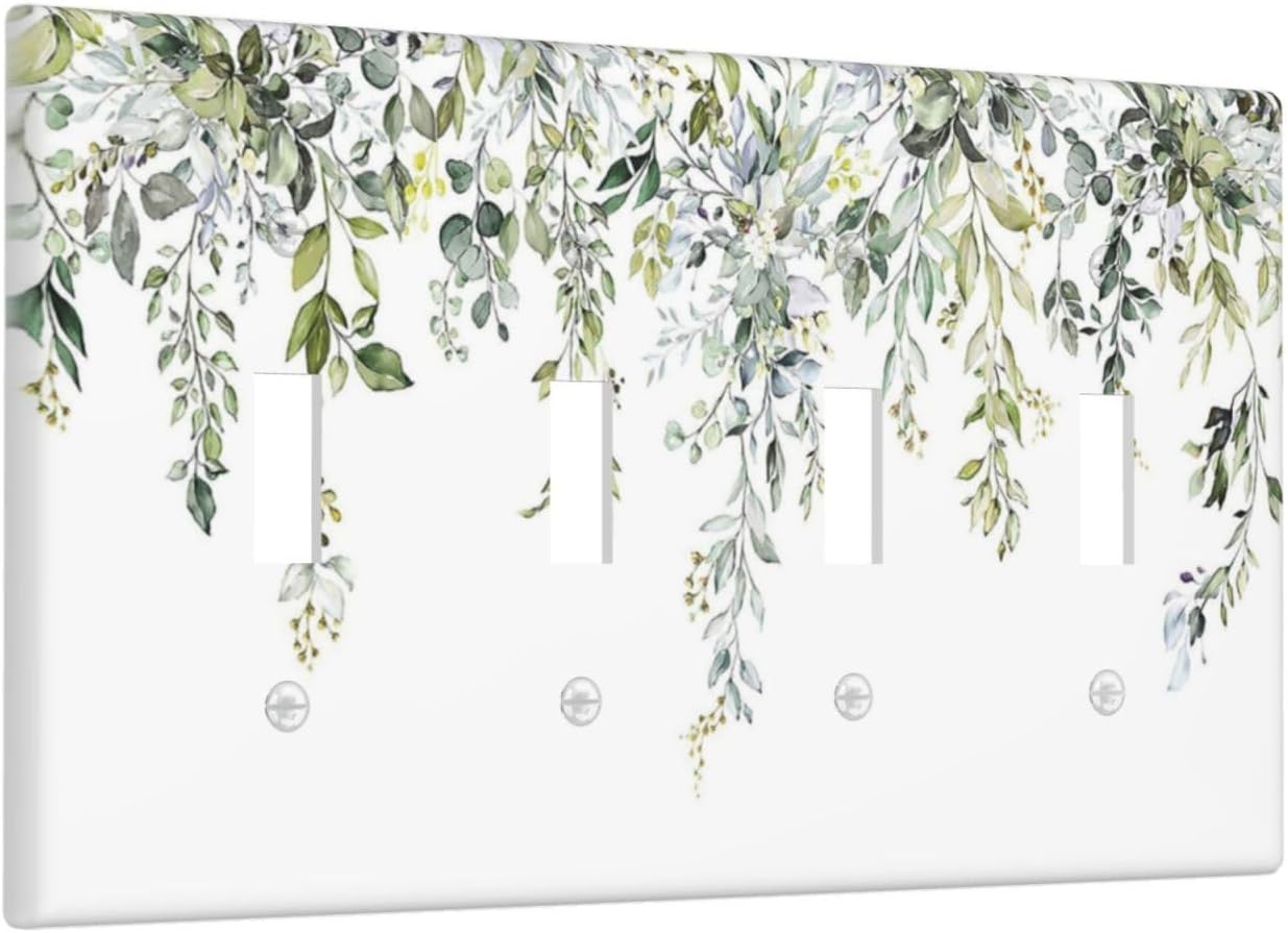Light Switch Covers Boho Farmhouse Flower Leaf Sage Green Quad Toggle Electrical Faceplate 4 Gang Wall Plate Decorative Switch Plates for Bedroom Cabin Decor