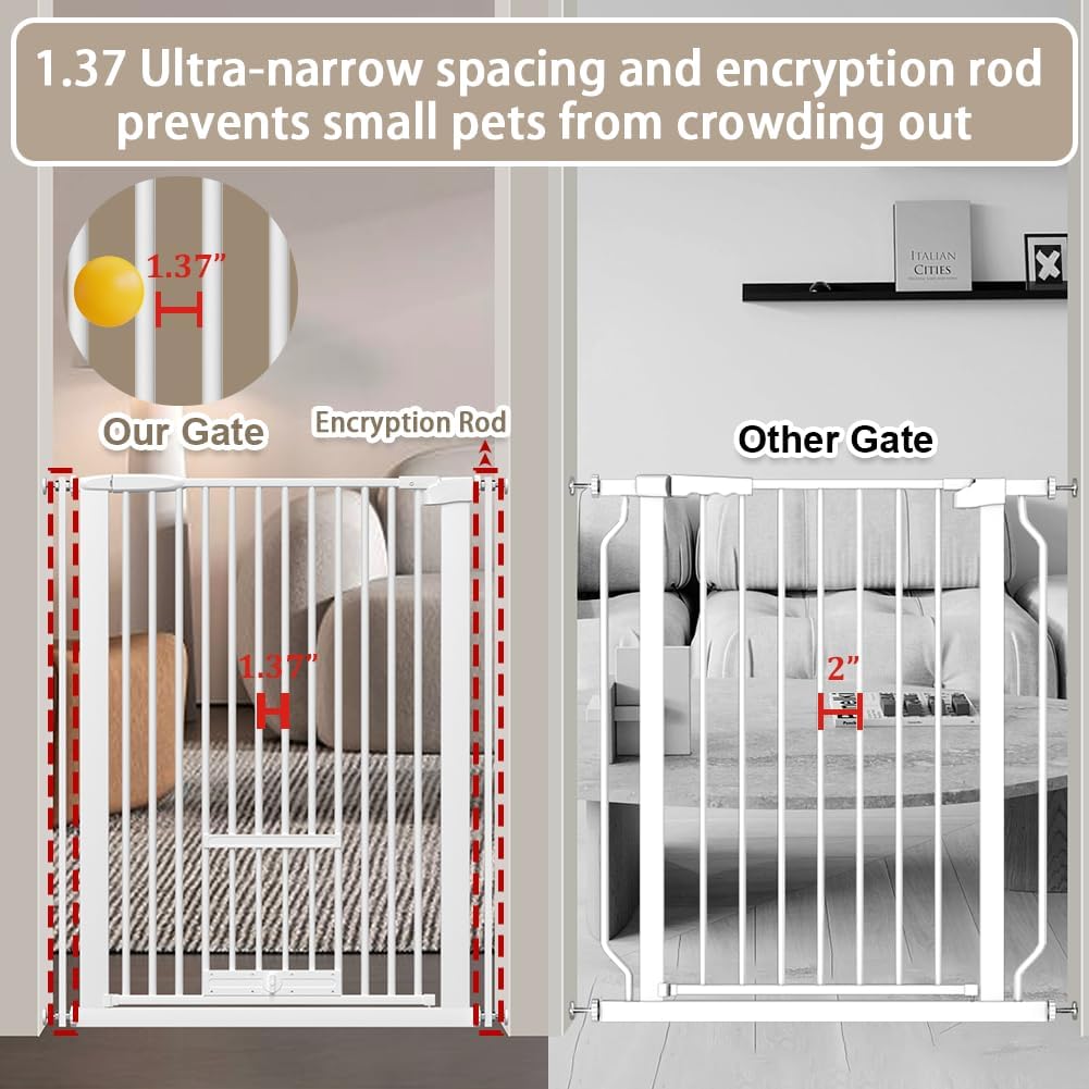 40.55" Tall 1.37" Ultra Narrow Spacing 30.12-34.06" Dogs Pets Baby Gate with Cat Door for Doorway Safety Proof Indoor Extra Wide Puppy Pressure Mounted No Drill White Black Metal Hallway