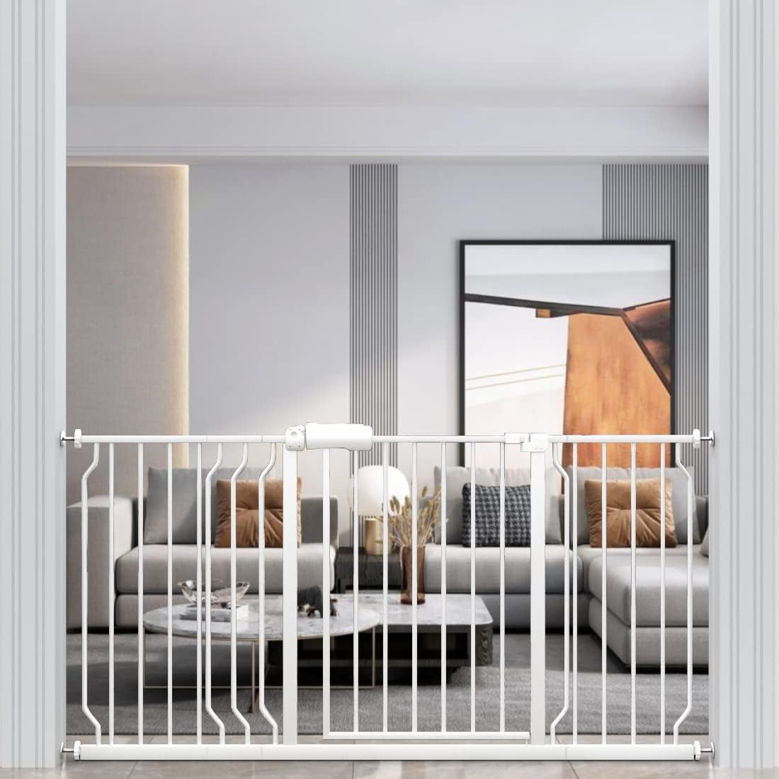 WAOWAO Baby Gate 62.19-66.88" Extra Wide Pressure Mounted Walk Through Swing Auto Close Safety White Metal Toddler Kids Child Dog Pet Puppy for Stairs,Doorways,Kitchen