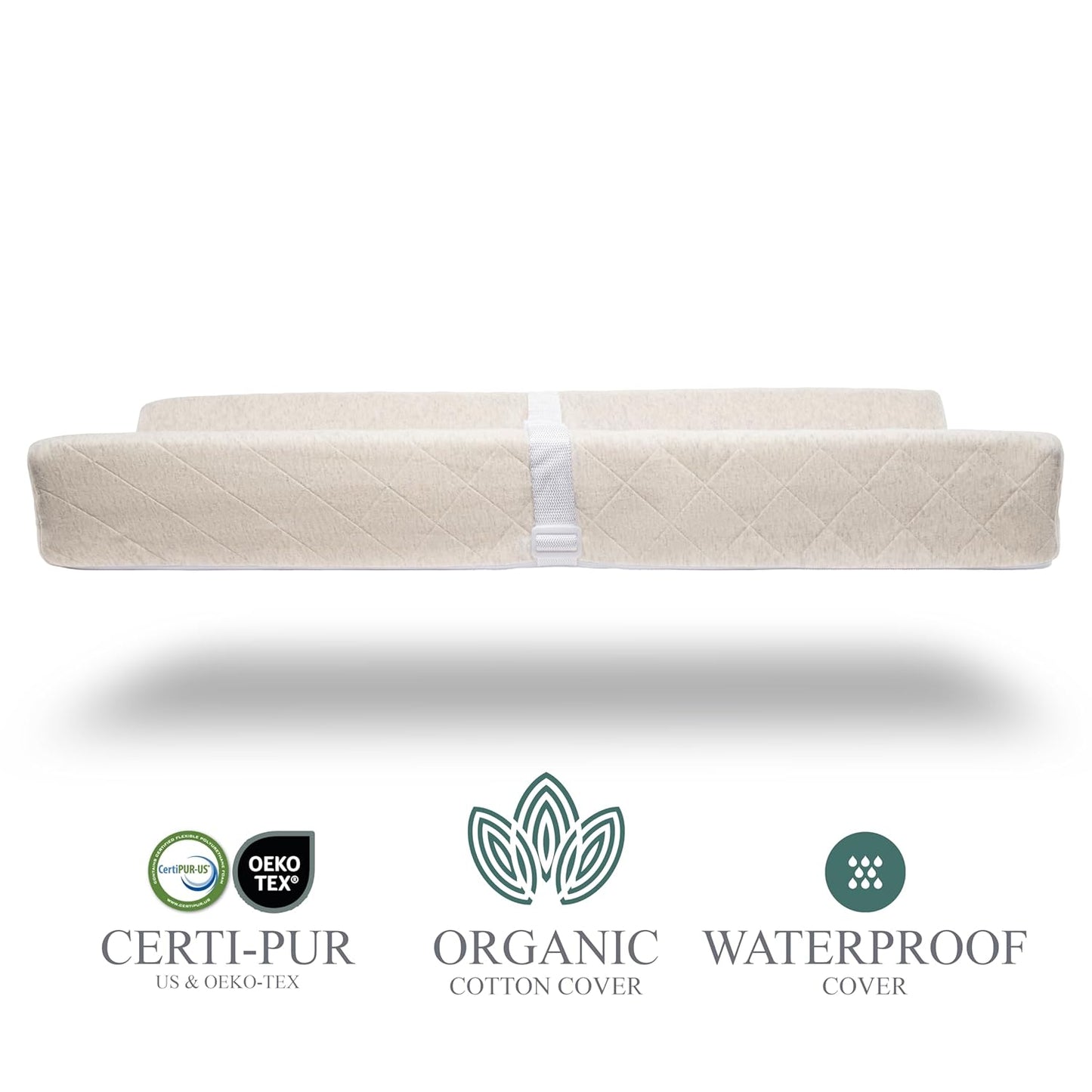 Organic Cotton Contoured Baby Changing Pad w/Waterproof Foam Mattress, Includes Soft, Removable & Washable Cover, Safety Strap, Non-Slip Bottom, Topper for Standard Size Infant Diaper Table & Dresser