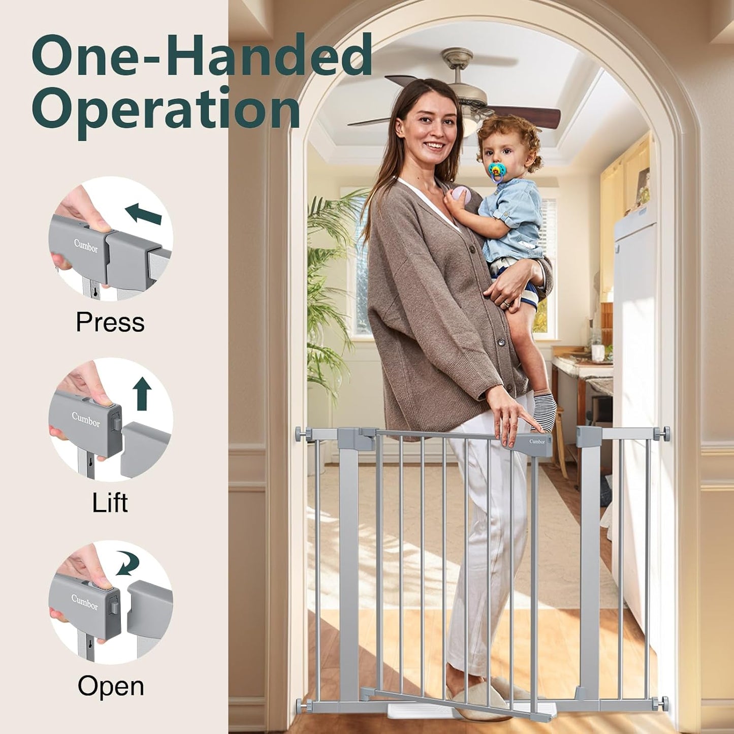 Cumbor 29.7-40.6" Baby Gate for Stairs, Mom's Choice Awards Winner-Dog Gate for Doorways, Pressure Mounted Self Closing Pet Gates for Dogs Indoor, Safety Child Gate with Easy Walk Thru Door, Silver