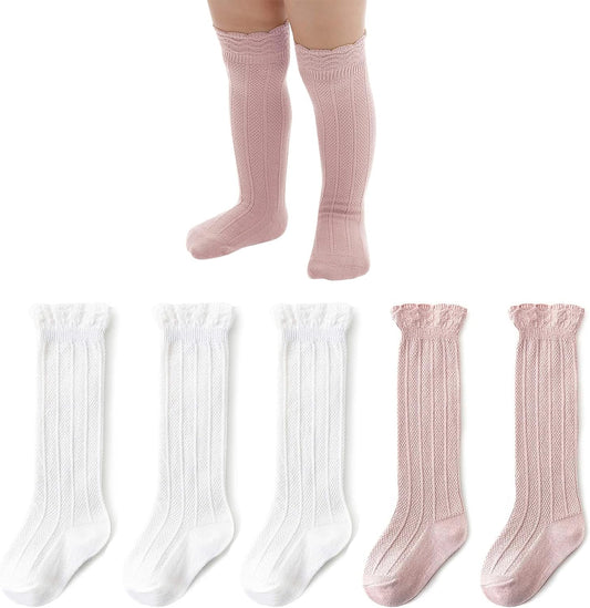 Zando Baby Knee High Socks - Infant to Toddler, Cotton Ruffle Socks, Warm Girls & Boys Long Stockings, 3-6 Pairs