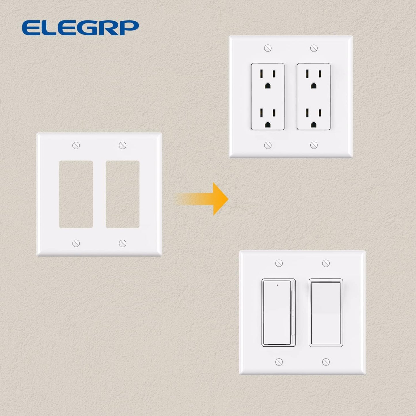 ELEGRP 2-Gang Decorative Wall Plates, Mid-Size 4.88" H x 4.94" L Unbreakable Thermoplastic Faceplate Cover for Decorator Receptacle Outlet Switch, UL Listed (1 Pack, Glossy White)