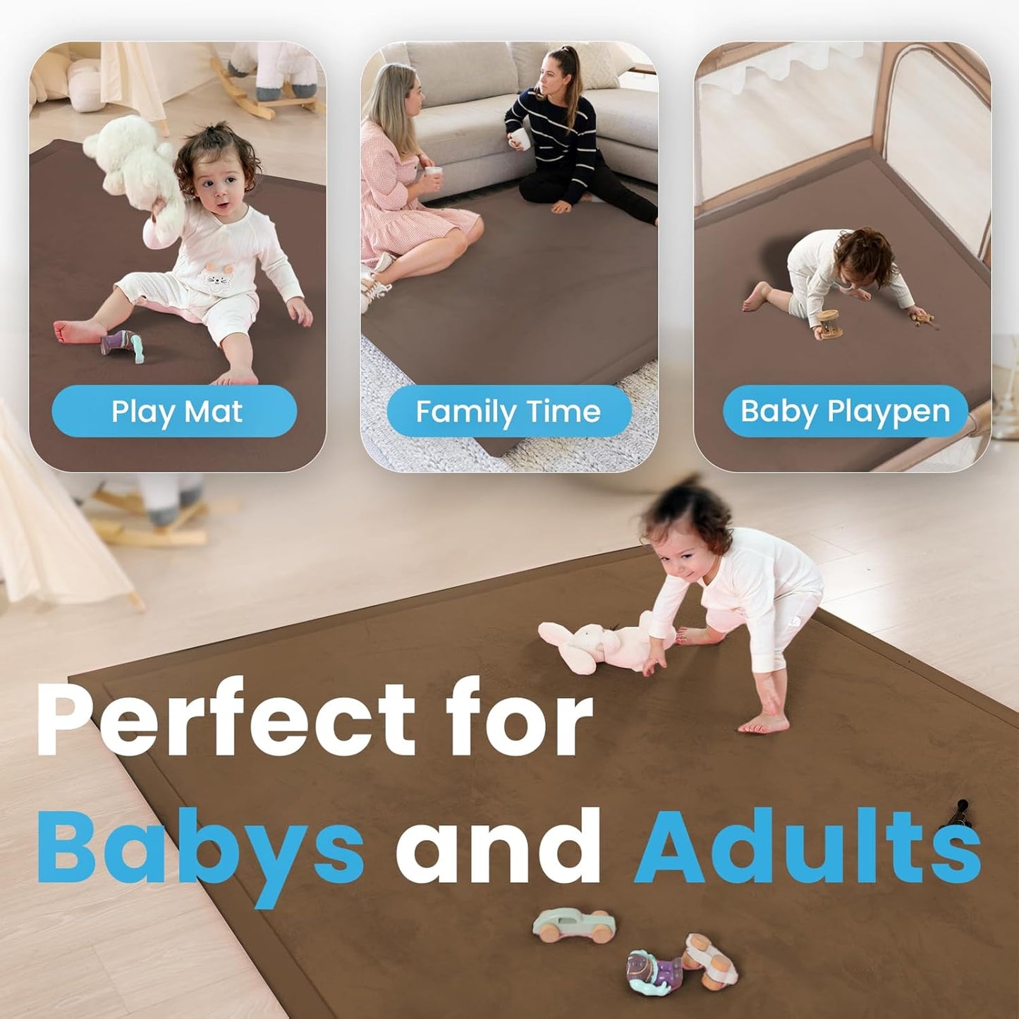 1.3" Thick Baby Play Mat,Ultra Soft Elasti-Foam 50×50 Playpen Mat for Tummy Time,Water-Repellent Coral Fleece Nursery Rug for Infants,Toddlers,Kids,Non-Slip Safe for Crawling(Chocolate Brown)