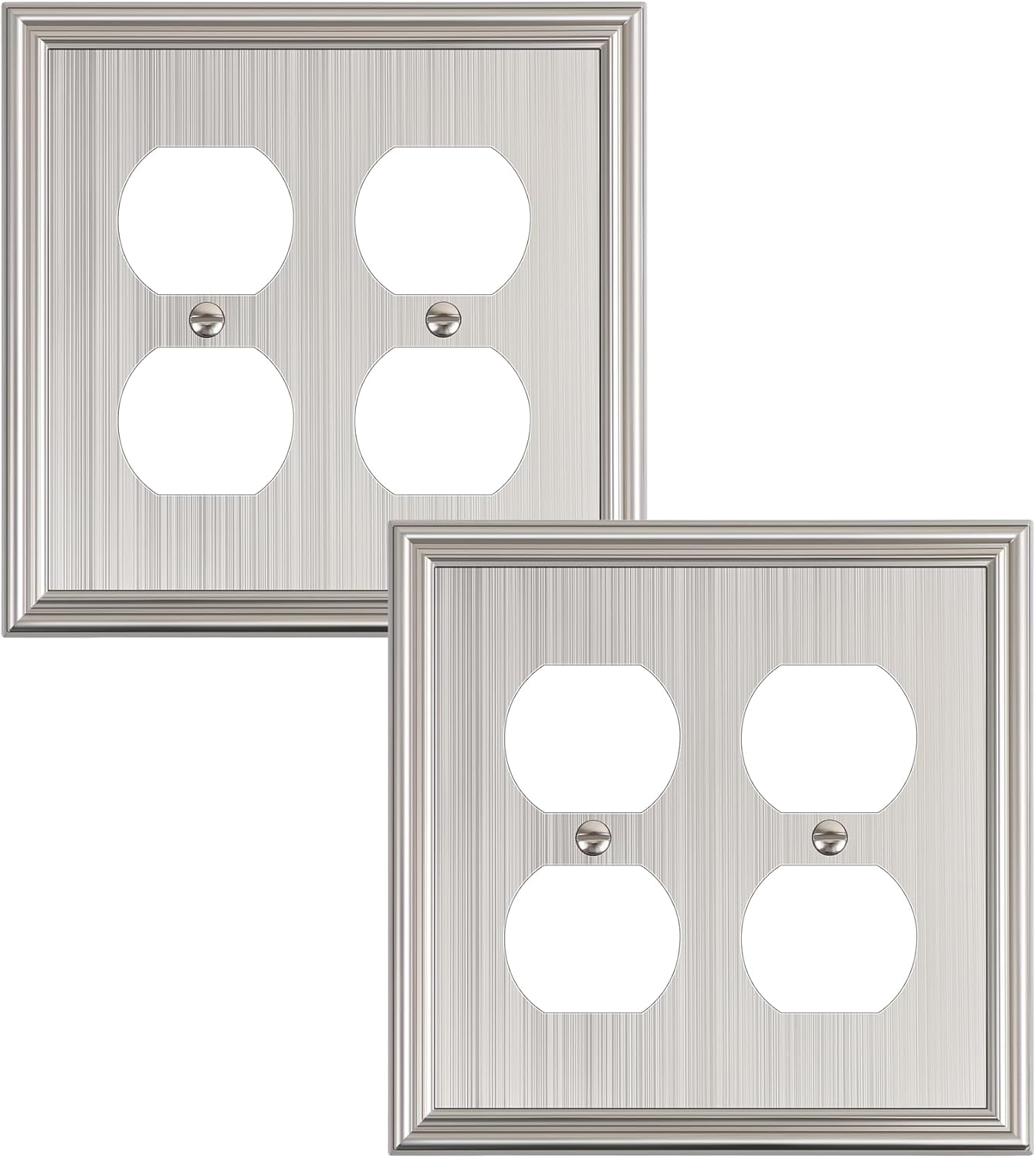 2-Pack Double Duplex Outlet Cover, Brushed Nickel Decorative Switch Plates and Outlet Covers for Electrical Outlets, Durable Zinc Alloy Wall Plates, 2 Gang Receptacle Cover