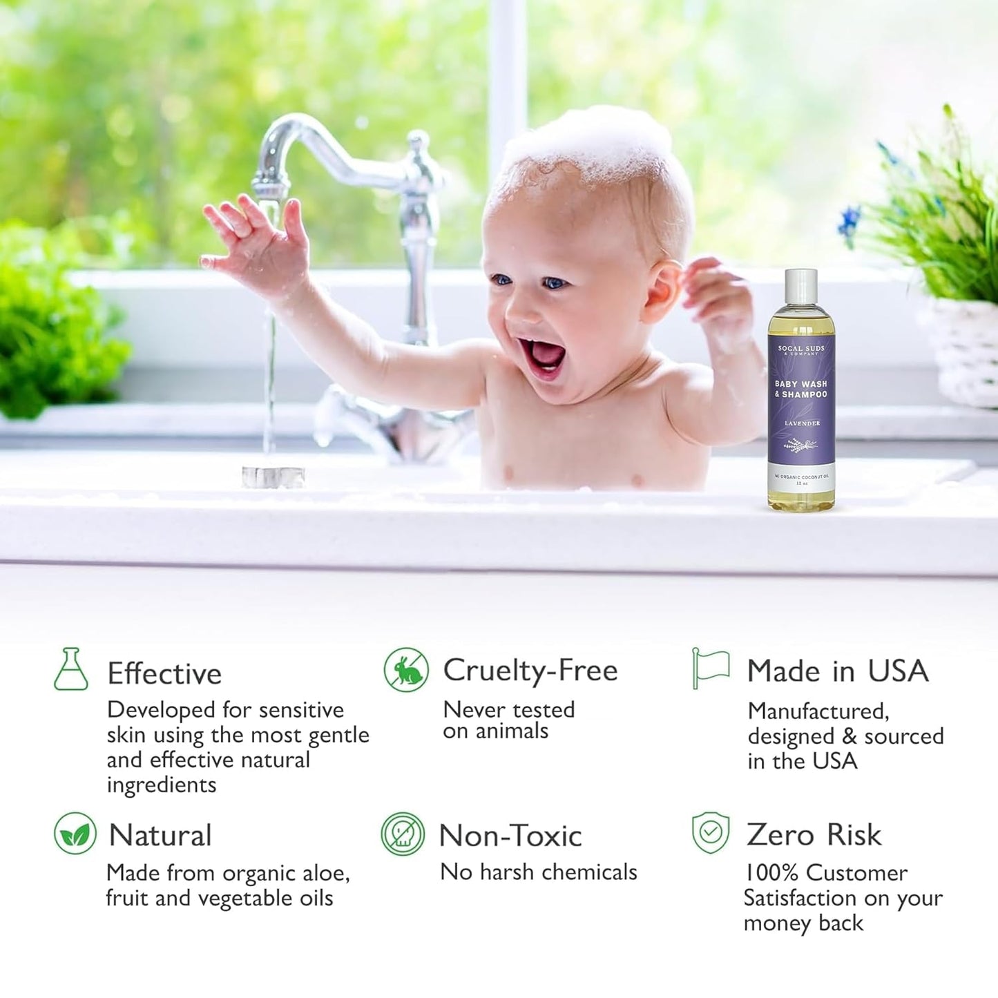 SoCal Suds & Company Baby Shampoo & Body Wash, 2-in-1 Organic Gel - Gentle Castile Soap with Vitamin-Infused Oils & Botanicals - Natural Care for Sensitive Skin & Body Hypoallergenic - 12oz Lavender