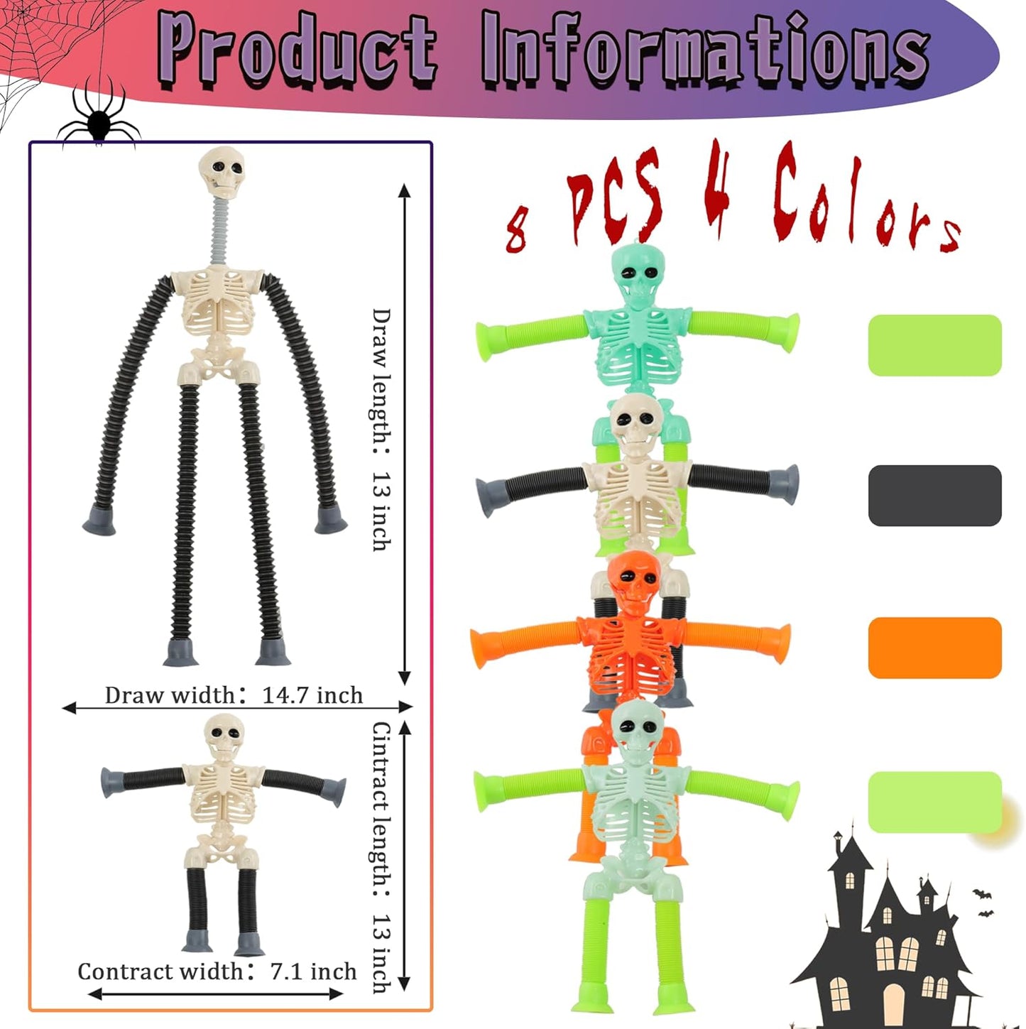 8PCS Telescopic Suction Cup Skeleton Toys, Shape Changing Telescopic Pop Tube Halloween Skeleton Fidget Toys, Skeleton Action Figure for Halloween Party Favors Kids Toddler Gift