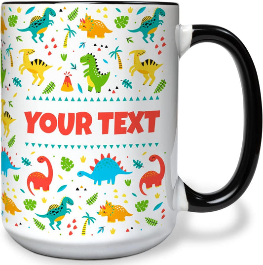 Personalized Mug for Kids - Dinosaurs - Custom Name/Text, Ceramic Hot Chocolate/Cocoa/Coffee Cup for Boys/Girls, Birthday/Christmas/Holiday Gift - 15 oz, Black Handle