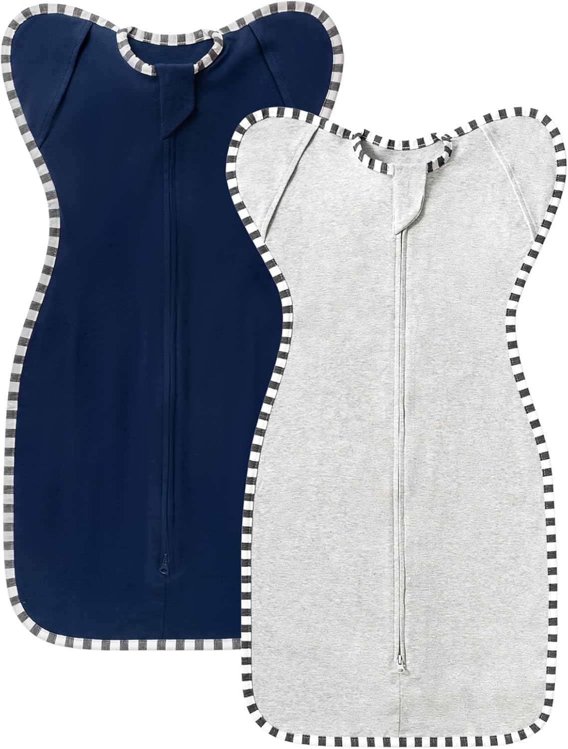 Transition Swaddle, 2 Pack 100% Cotton Baby Sleep Sack, 2-Way Zipper Infant Arm Up Swaddle for Newborn Baby Boys Girls (Light Grey + Estate Blue, L(6-9 Months))