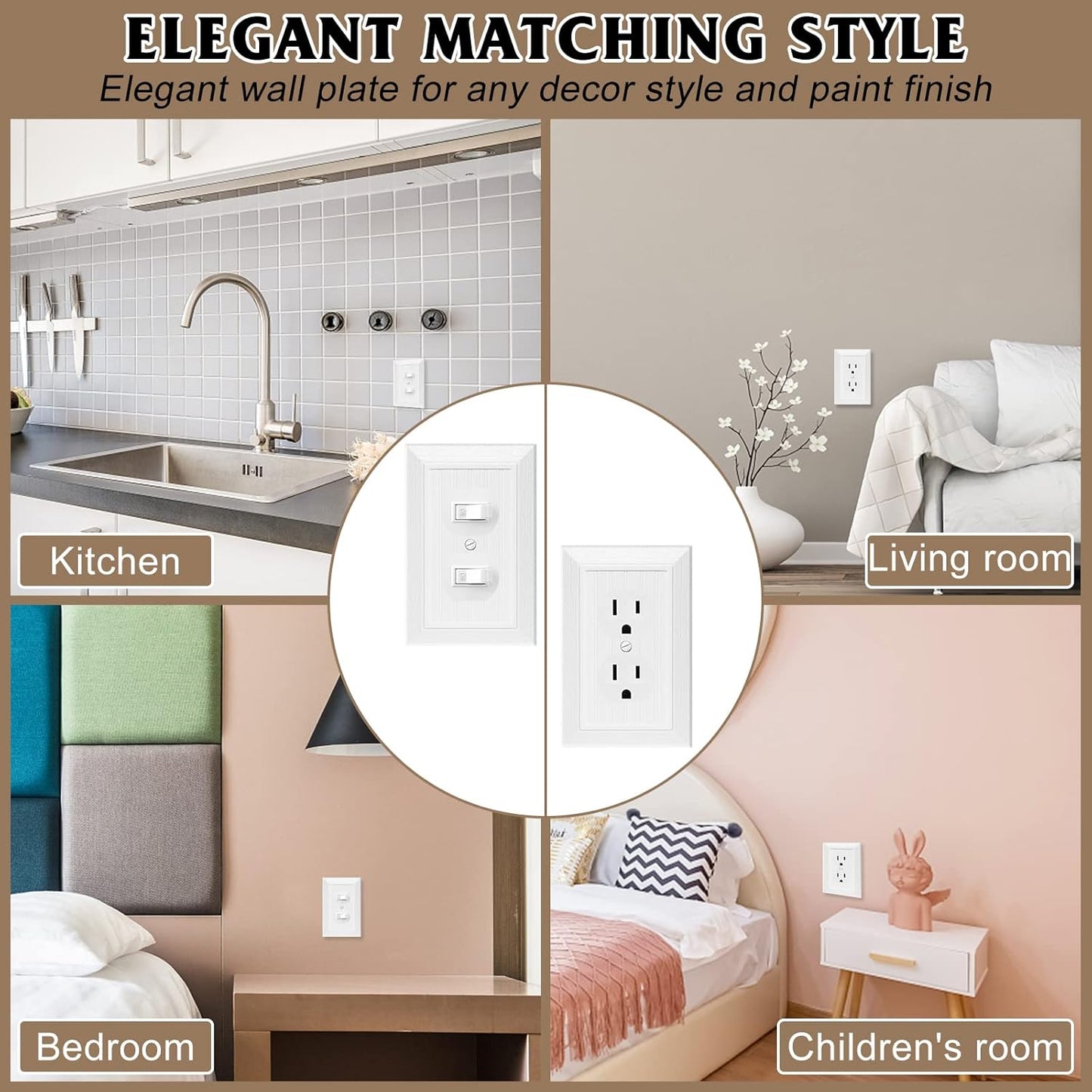 Modern Decorative Wall Plate Switch Plate Outlet Cover, Vintage Retro Wood Grain Design(Single Duplex-4 Pack, White)