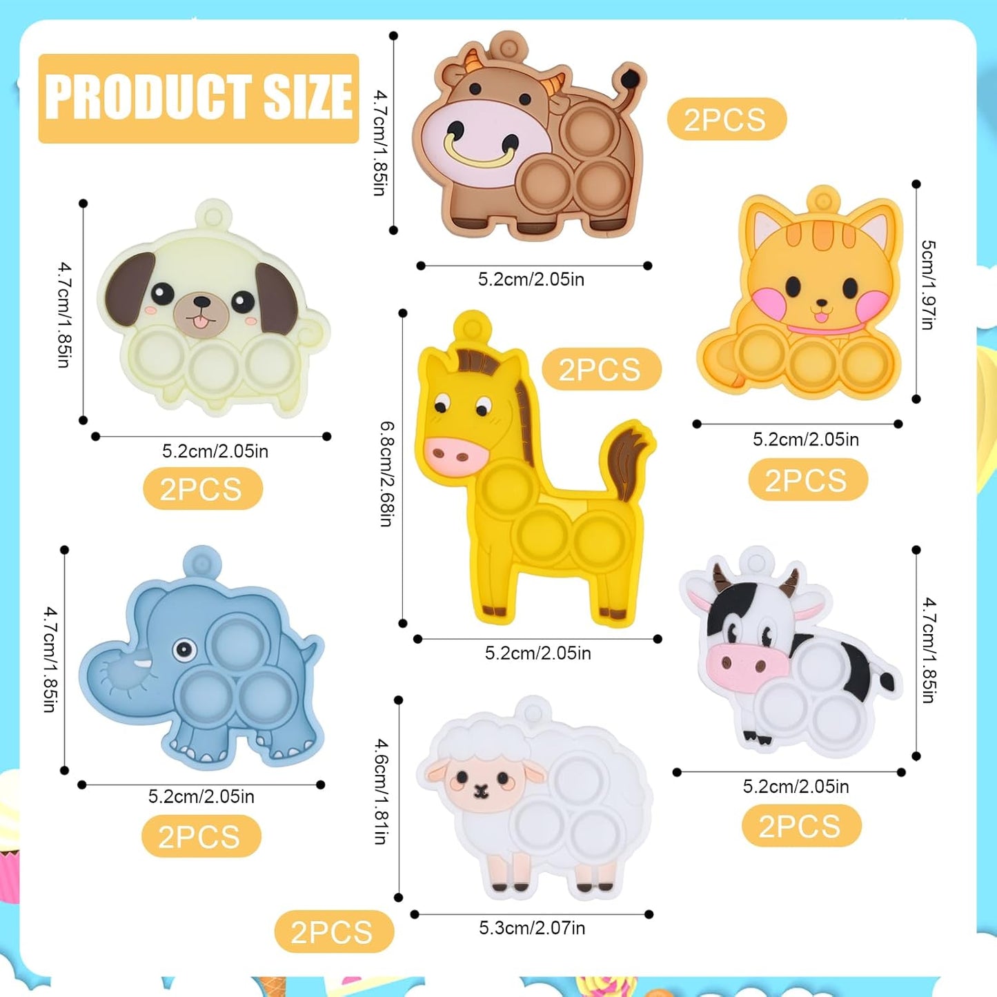 14pcs Animal Pop Fidget Toys Party Favors, Silicone Animal Fidget Sensory Toys Soft Keychain Bubble Popping Toy Packs for Treasure Box Toys Gift Bag Fillers Kids Prize Treasure Box