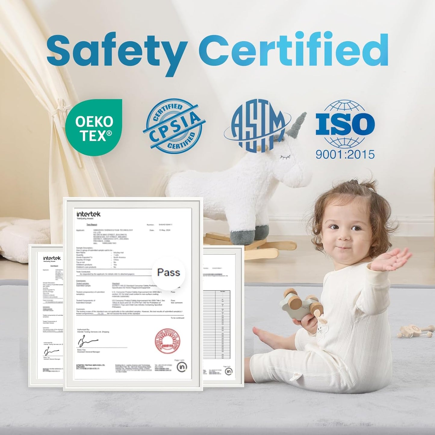 Baby Play Mat for Kids Room,Extra Thick Elasti-Foam Anti-Fall Cushion Mat for Babies,Toddlers,Infants,Water-Repellent&Non-Slip Bedroom Bedside Rugs(Light Grey)