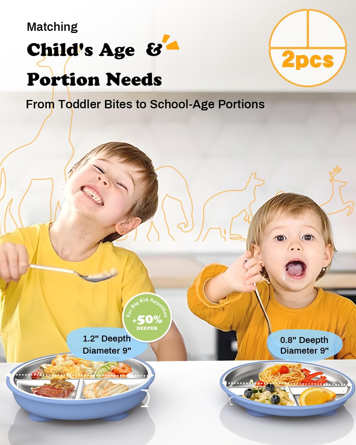 Stainless Steel Toddler Suction Plate with Lid, Deeper 9" Divided Plates with Removable Silicone Sleeves for Kids, Non Toxic & BPA Free | Unbreakable Baby Snack Dishes Set of 2, Blue & Sage