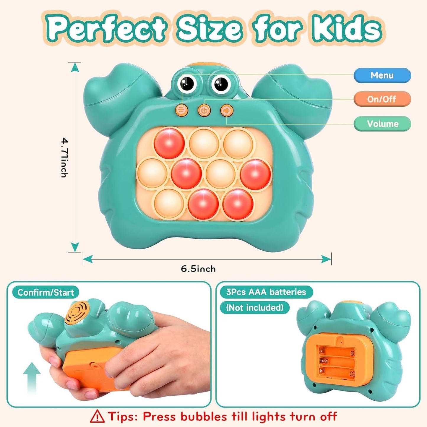 Fast Push Bubble Game for Kids & Adults, Quick Push Pop Toys with Sound & Light, Pop Sensory Fidget Toy for Kids 8-12, Brithday for 5 6 7 8 9 & Up Boys Girls (Crab-Orange)