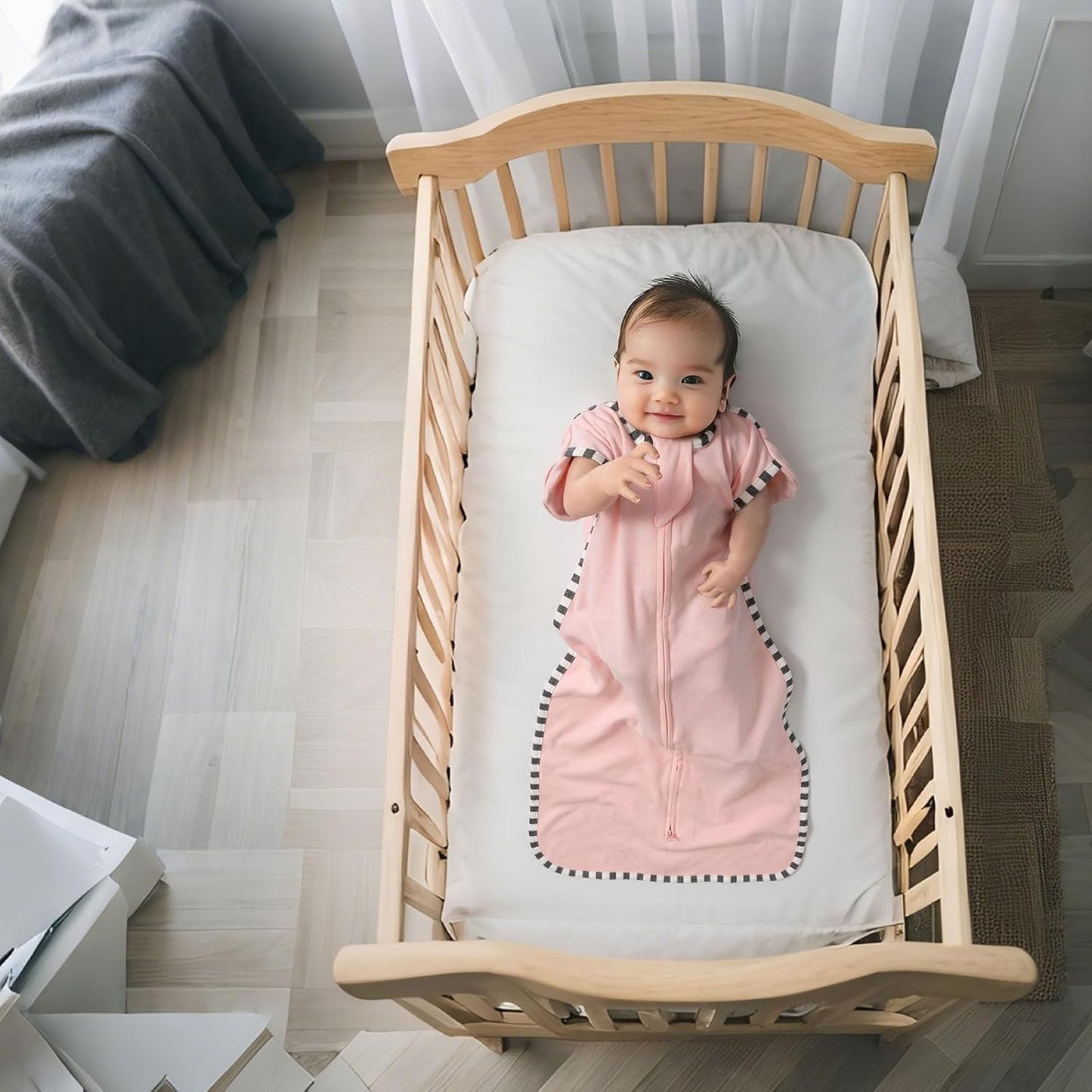 Transition Swaddle, 2 Pack 100% Cotton Baby Sleep Sack, 2-Way Zipper Infant Arm Up Swaddle for Newborn Baby Boys Girls (Pink + Beige, L(6-9 Months))