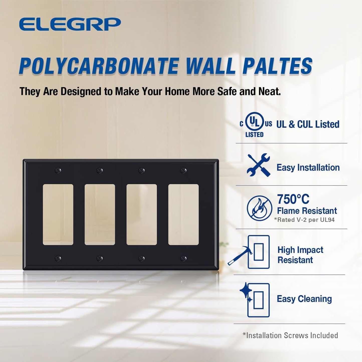 ELEGRP 4-Gang Decorative Wall Plates, Mid-Size 4.88" H x 8.57" L Unbreakable Thermoplastic Faceplate Cover for Decorator Receptacle Outlet Switch, UL Listed (1 Pack, Glossy Black)