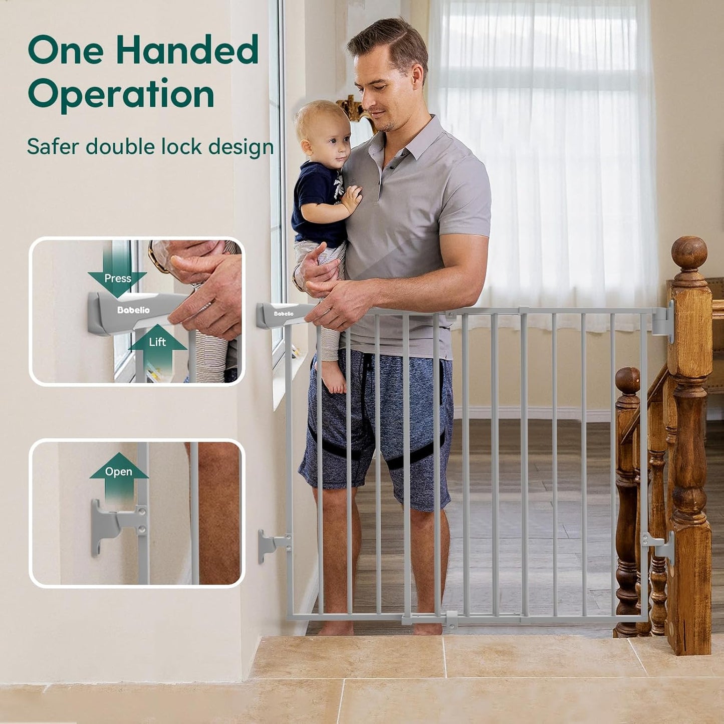 Babelio 26-43" No Bottom Bar Baby Gate for Babies, Elders and Pets, 2-in-1 Hardware Mount Dog Gate for The House, Stairs and Doorways, with Large Walk Thru Door, Grey