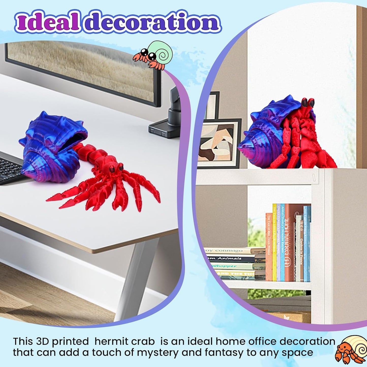 3D Printed Hermit Crab Fidget,3D Printed Dynamic Animals Toy,Full Articulated Flexible Crystal Hermit Crab Fidget Fidget Toys,Adults Fidget Toys for Autism ADHD,Home Office Decor (Red green blue)