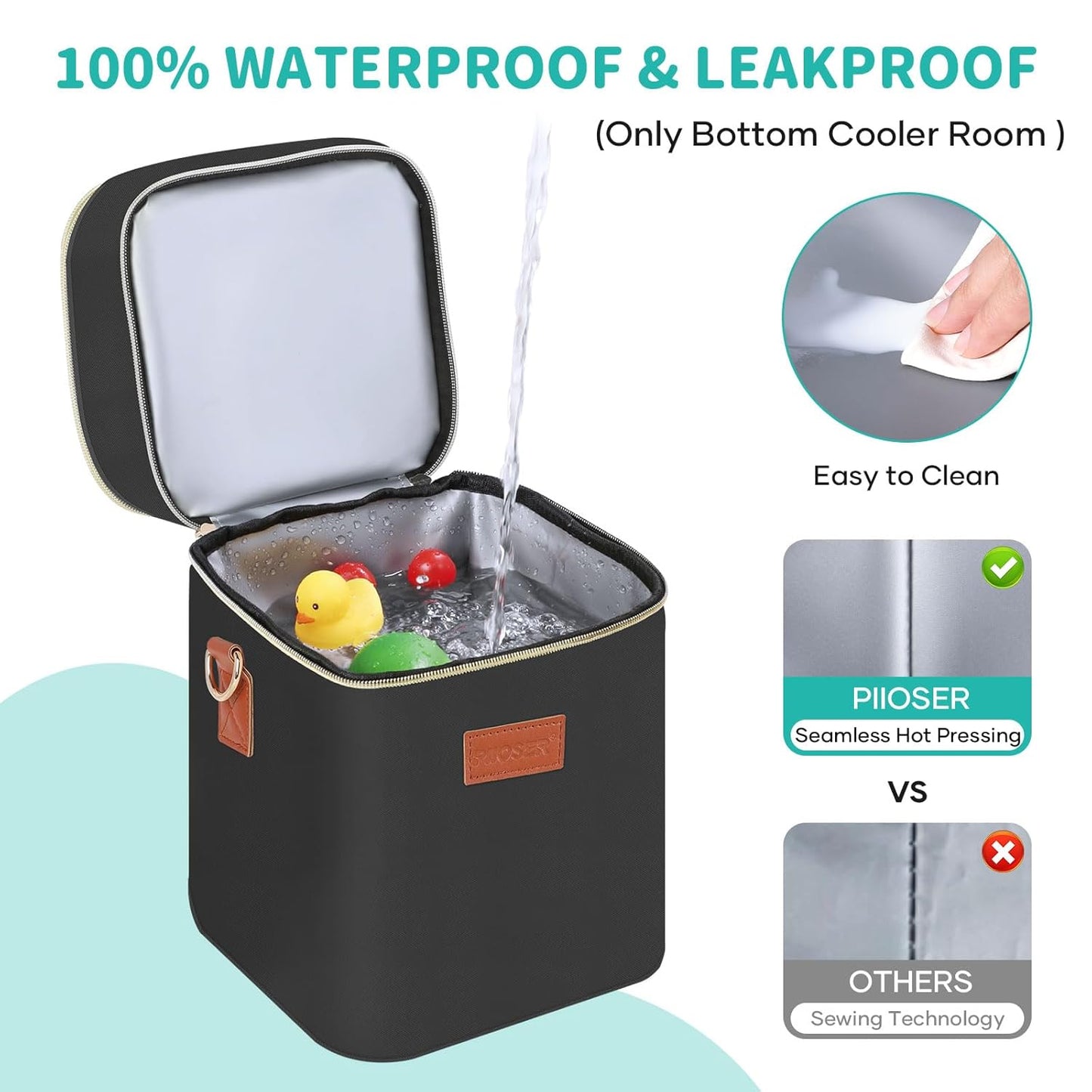 PIIOSER Baby Bottle Tote Bag with Ice Pack, Fits 4 Baby Bottles Up to 9 Ounce, Small Insulated Breastmilk Cooler Travel Bag with Shoulder Strap for Nursing & Working Mom Daycare (Black-S)