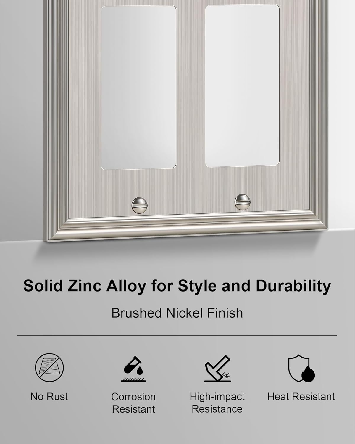 2-Pack Decorative Double Decorator Outlet Cover Plate, Durable Zinc Alloy Brushed Nickel Wall Plates for Electrical Outlets, Receptacle, GFCI Outlet, Dimmer Switch, 2-Gang