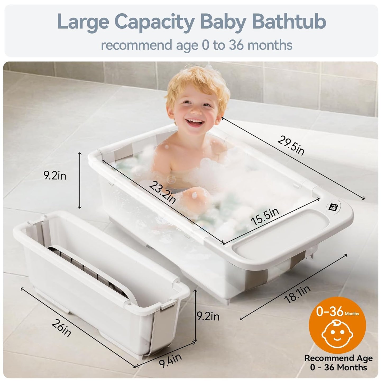 Collapsible Baby Bathtub - Large Capacity Baby Bath Tub with Thermometer & Soft Cushion | Portable Travel Newborn Infant Bathtub | Foldable Toddler Bathtub for Baby 0 to 36 Months (no Stand)