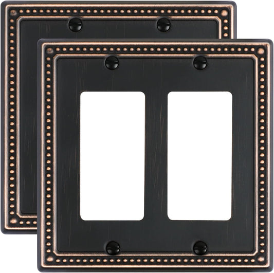 2-Pack Double Decorator Outlet Cover Plate, Pearls Decorative Switch Plates and Outlet Covers, 2 Gang Aged Bronze Metal Wall Plates, Corrosion Resistant