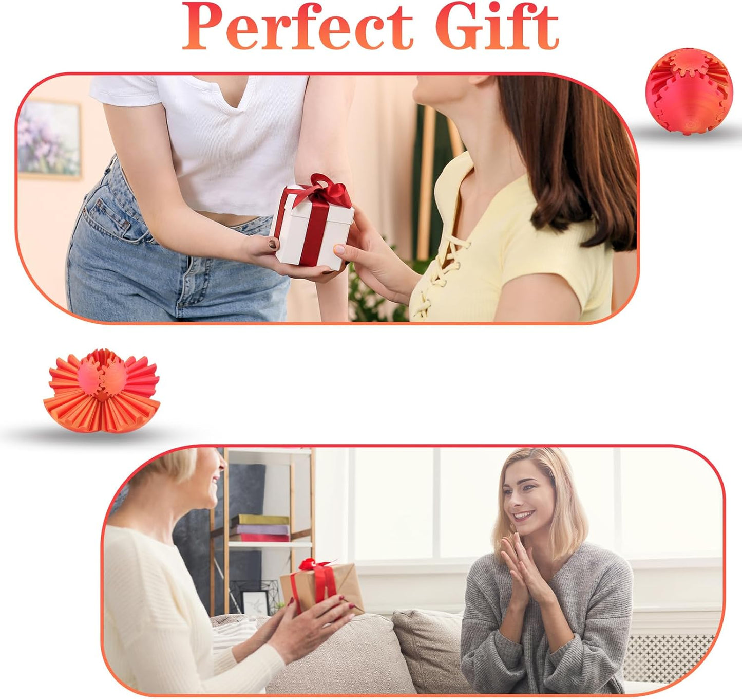 3D Printed Gear Sphere Ball – Colorful Gear Ball Fidget Gear Sphere Puzzle Cube Stress Relief Toy for Office and Home Decor Unique Gift Idea for Friends and Family (Red&Gold)