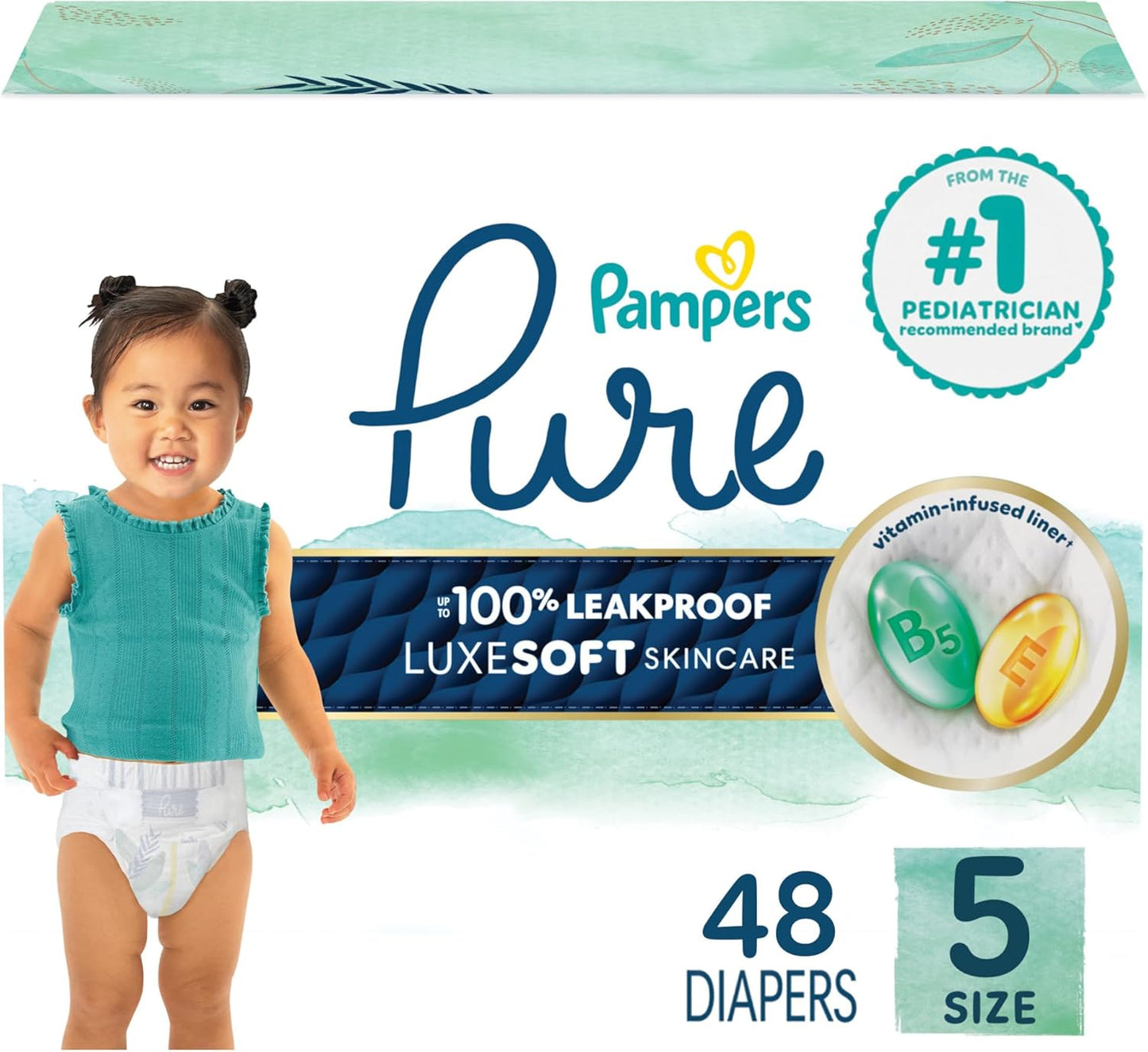 Pampers Pure Protection Baby Diapers, Size 5 (27+ lbs), 48 Count, Up to 100% Leakproof, Premium Plant-based Skin Protection, Hypoallergenic Soft Diapers