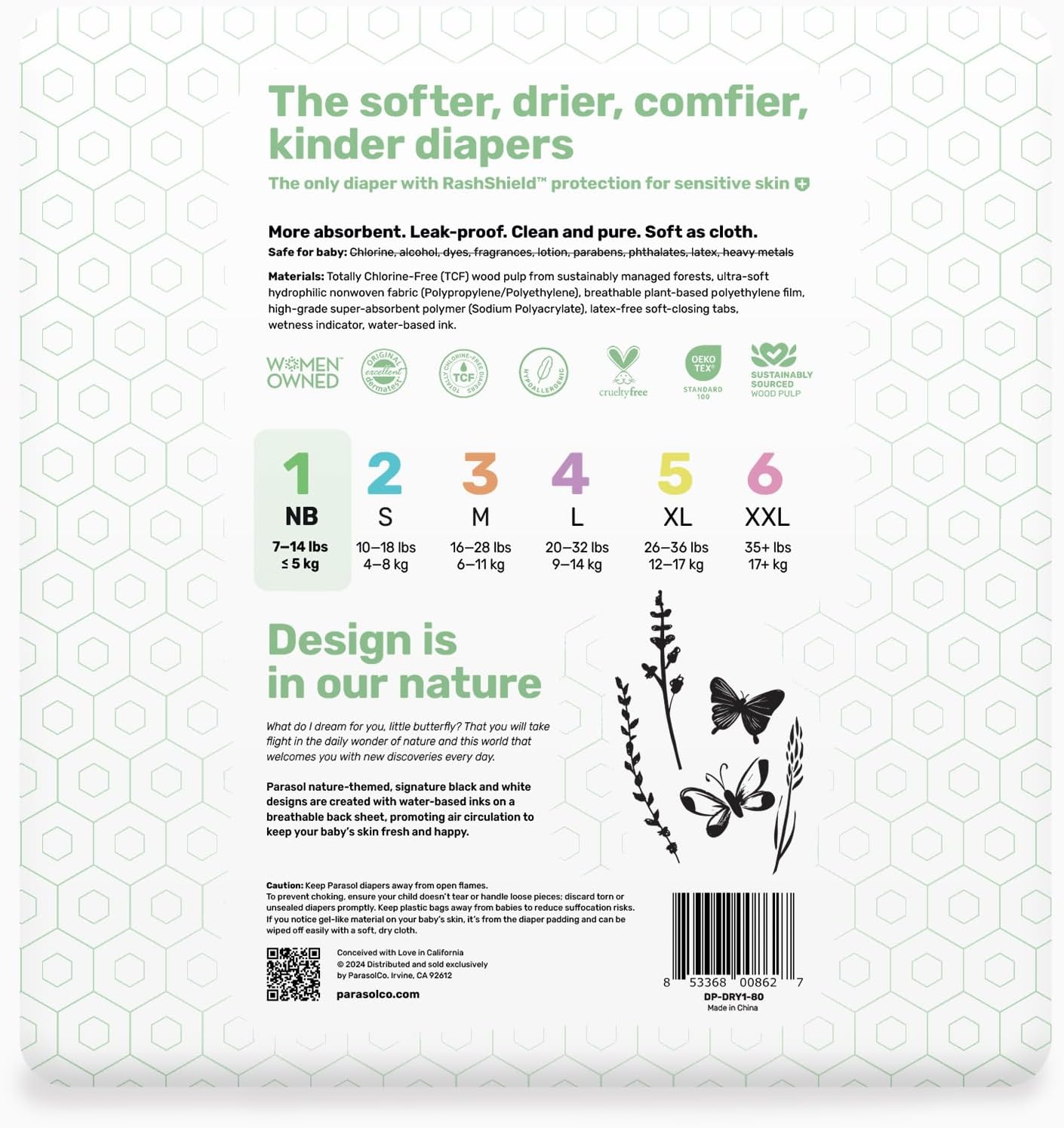 Parasol Clear+Dry Disposable Diapers, RashShield Protection and Leak-Control Fit, Hypoallergenic Diapers, Size 1 (7-14 lbs), 320 Count