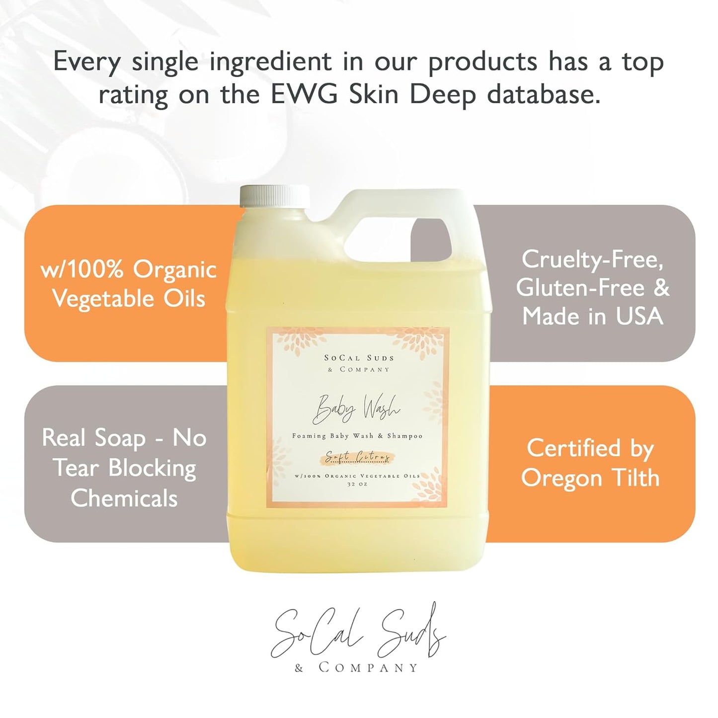 SoCal Suds & Company - 2-in-1 Organic Foaming Baby Shampoo & Body Wash Refill- Natural Botanical Castile Soap Baby Wash Sensitive Skin, Newborn Nourishing Soothing Ingredients - Soft Citrus, 32oz