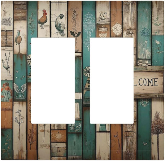 Decorative Outlet Covers Vintage Wood Brown Turquoise Splicing 2 Gang Double Gfci Rocker Electrical Wall Panels Light Switch Cover Plate For Farmhouse Cabin Decor