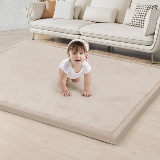 ACOMOPACK Baby Play Mat for Floor 1.3" Thick Memory Foam Play Mat 71"×79" Tummy Time Crawling with Non-Slip Bottom for Living Room,Nursery,Soft Velvet Playpen Mats for Kids,Infants（Beige）