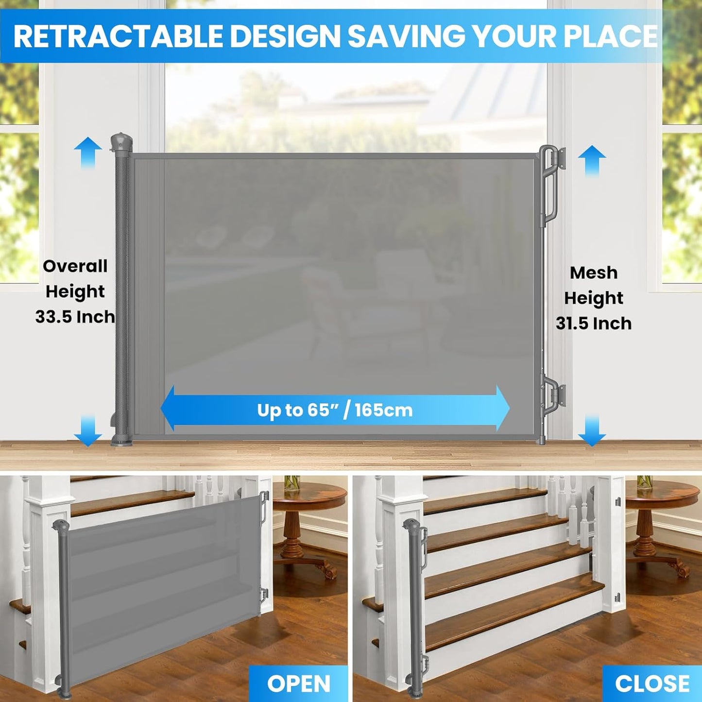 Retractable Safety Baby Gate or Mesh Dog Gate,Durable Portable Mesh Retractable Gate,Easy to Use for Stairs, Doorways,Hallways, Indoor, Outdoor, 33.5" Tall, Extends to 65" Wide, Gray