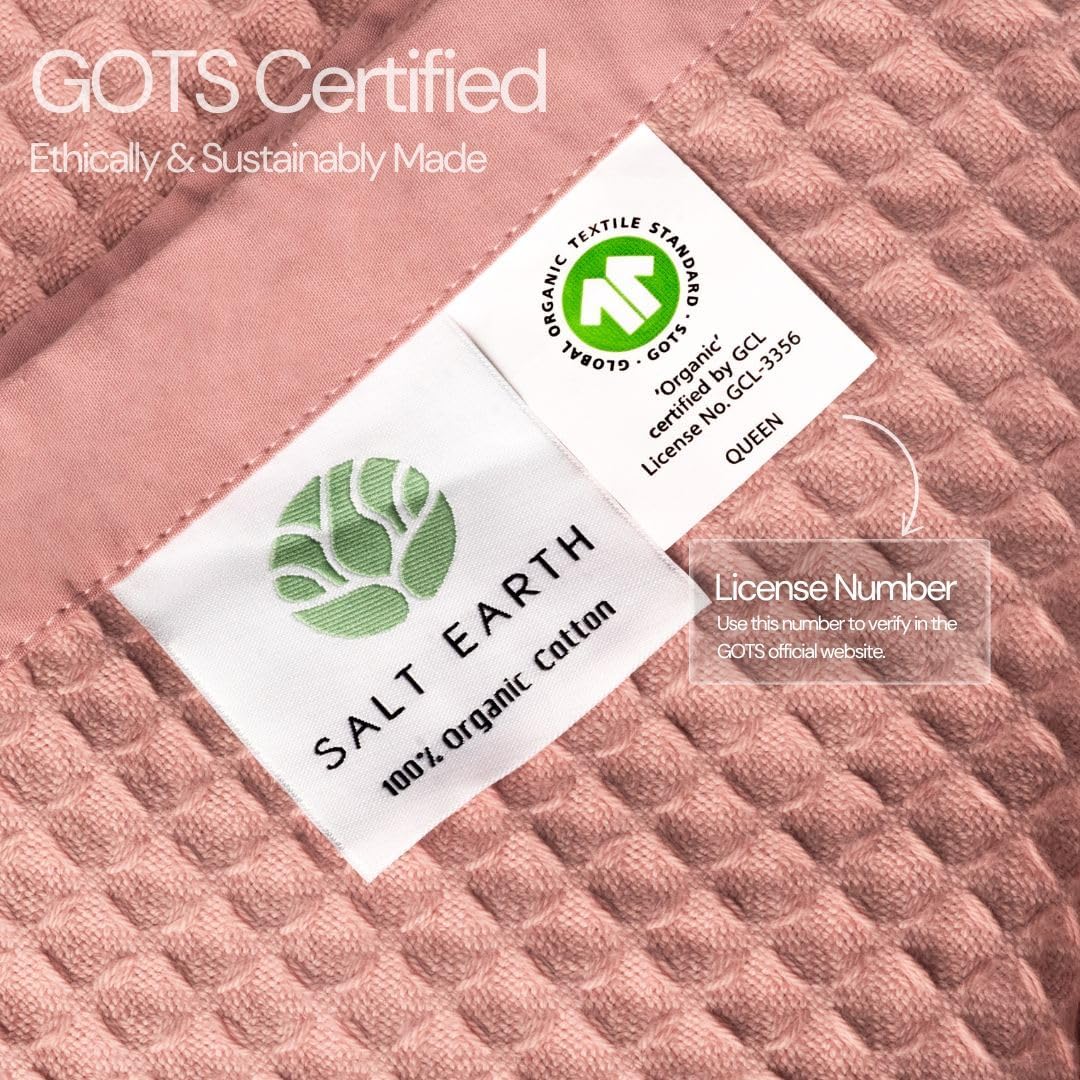 Salt Earth GOTS Certified 100% Organic Cotton Throw Blanket, 108"X90" Blankets & Throws for Bed, Throw Blanket for Couch,Modern & Cozy Blanket, All Season Waffle Blanket, Soft Blanket (Misty Rose)