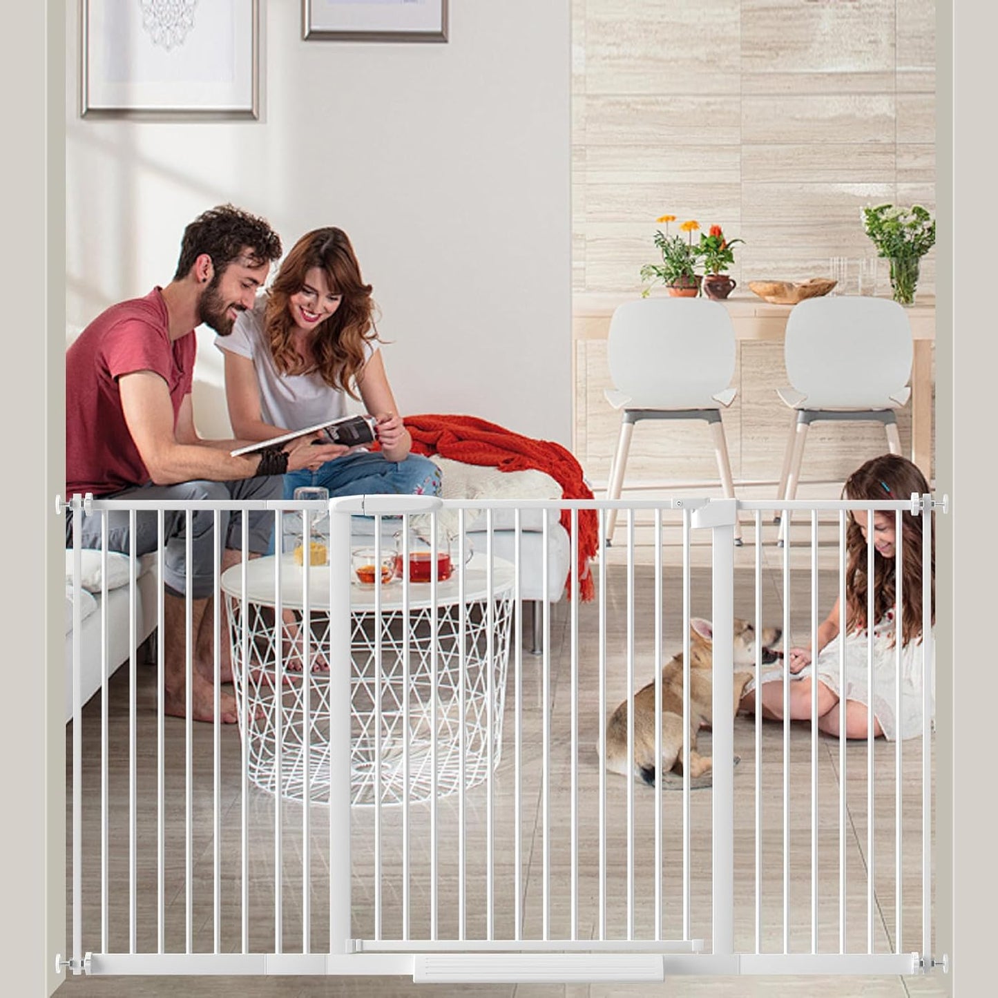 Extra Wide Baby Gate 30.11-77.36",Ultra Narrow 1.37" Spacing Dog Gate indoor,Double Lock Auto Close Pet Gate for House,Pressure Mounted Baby Gate Easy Walk Through Pet Gate for Hallway(White)