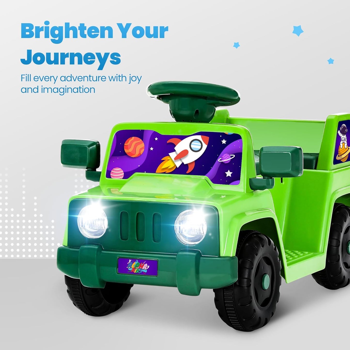 6V Toddler Ride On Car Interactive Electric Car with Horn LED Front Light Rear Storage Stellar Galaxy Theme Perfect for Boys & Girls 18+ Months Safe & Fun for Little Explorers(Green Space)