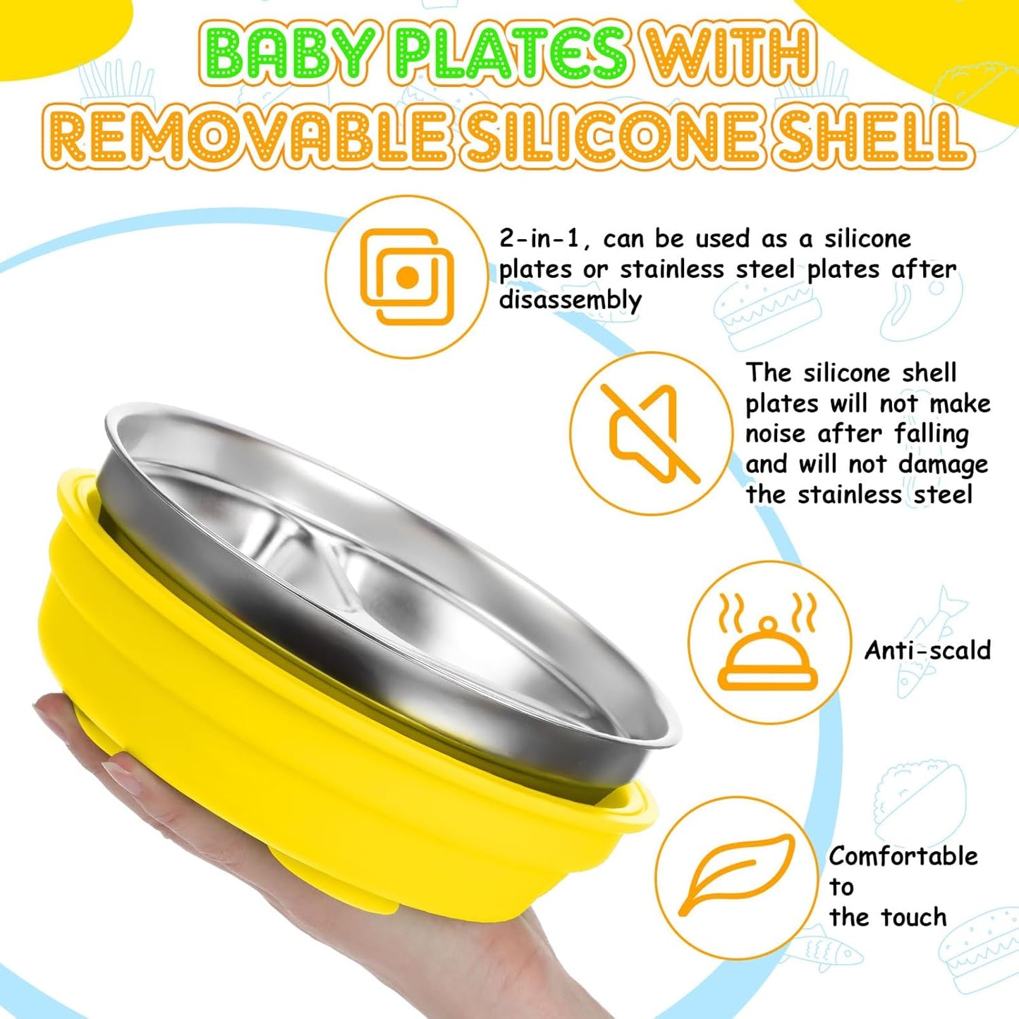 Nuogo 2 Pcs Stainless Steel Baby Suction Plates with Removable Silicone Shell 2-in-1 Metal Toddler Bowl Divided for Picky Eaters Kids Feeding Led Weaning Supplies, Dishwasher Safe (Yellow,Orange)