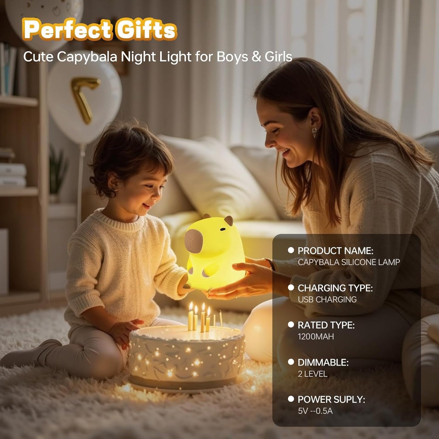 Capybara Night Light for Kids, Cute Capybara Lamp Silicone Baby Nursery Night Lamp, Dimmable Squishy Touch Bedside Lamps, Adorable Rechargeable Animal Lamps Gifts Kawaii Room Decor for Kids Girls Boys
