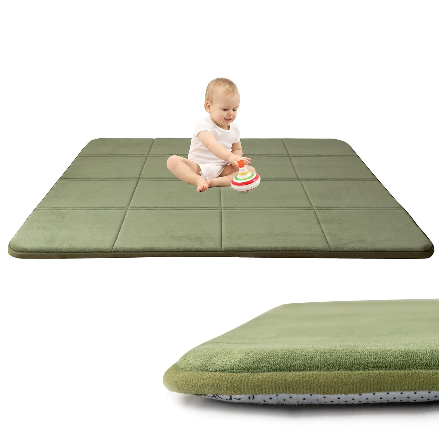 MAXYOYO 1.2" Thick Baby Play Mat for Floor, 36"x60" Foldable Playpen Mat, Tummy Time Foam Mats Ultra Soft Support, Padded Carpet with Non-Slip Backing for Infant,Kids and Toddler Crawling, Green