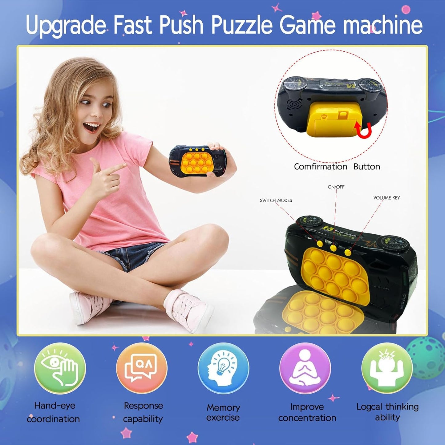 Quick Push Game Toys for Kids, Pop Fidget Toys Handheld Game for Children, Pop Fidget Sensory Toys, Push Bubble Light up Puzzle Game for Autistic Children,Gifts for Boy and Girl 3-12 (Black)