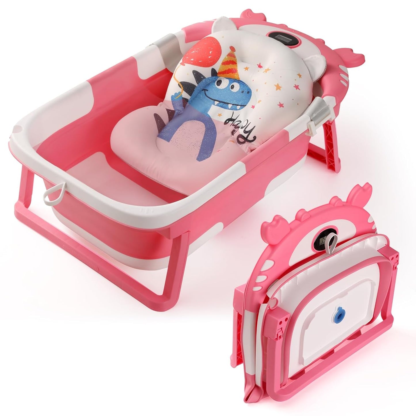 Baby Bathtub,Collapsible Baby Bath Tub with Thermometer & Soft Floating Cushion,Portable Travel Baby Bathtubs for Newborns to Toddlers 0-36 Months(Crab Pink)