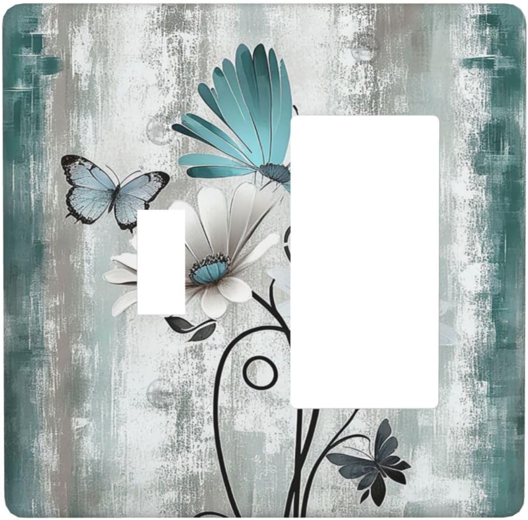 Outlet Covers Rustic Teal Daisy Floral Flowers Butterfly Wood Grain 1 Toggle 1 Rocker Combination Decorative Wall Plate Electrical Switch Plates Light Switch Cover Plate for Bedroom Decor