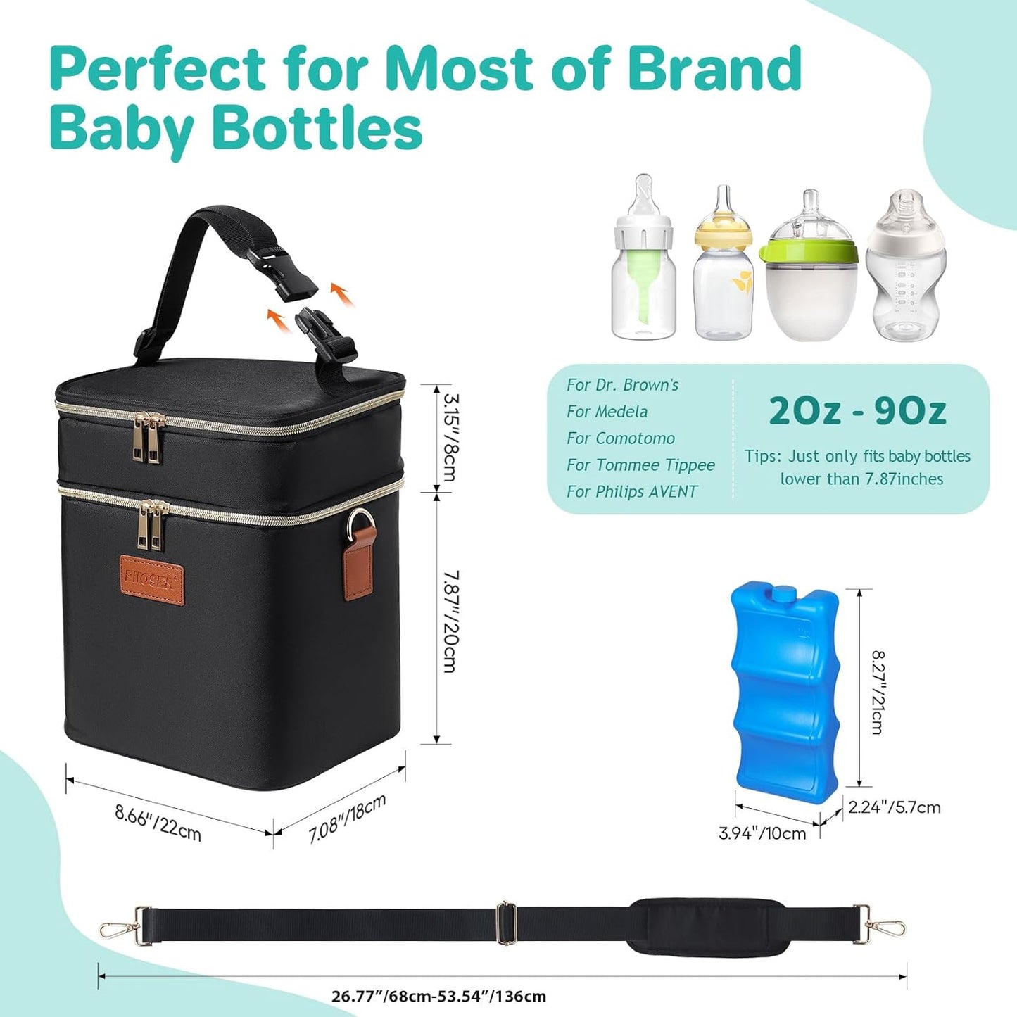 PIIOSER Breastmilk Cooler Bag with Ice Pack Fits 6 Baby Bottles Up to 9 Ounce, Insulated Baby Bottle Tote Bags, Double Layer Waterproof Leak-Proof with Shoulder Strap for Nursing &Working Mom