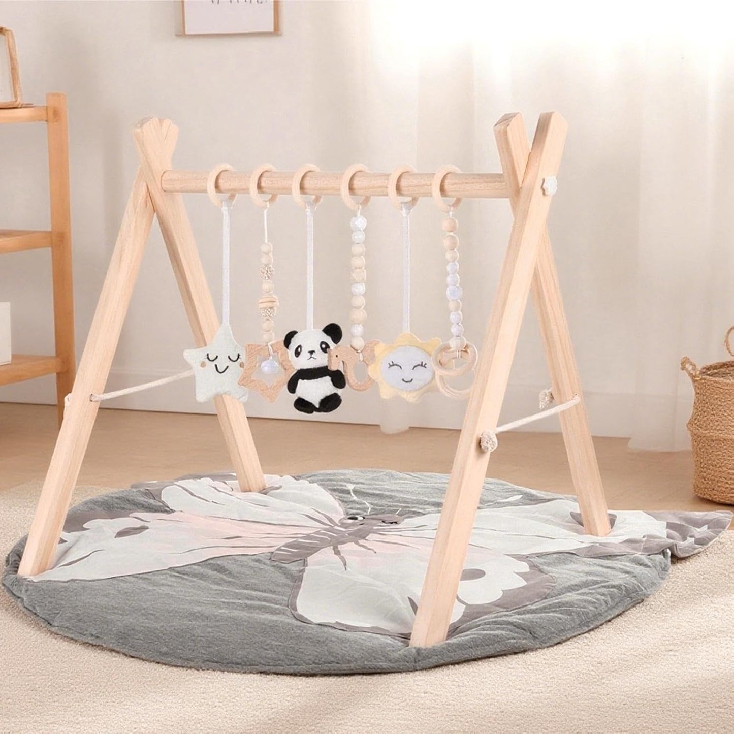 Wooden Play Gym with Mat, Foldable Baby Activity Gyms for Infants Newborn Baby Girl and Boy, Tummy Time Baby Infant Toys 0-6 6-12 Months (Gray)