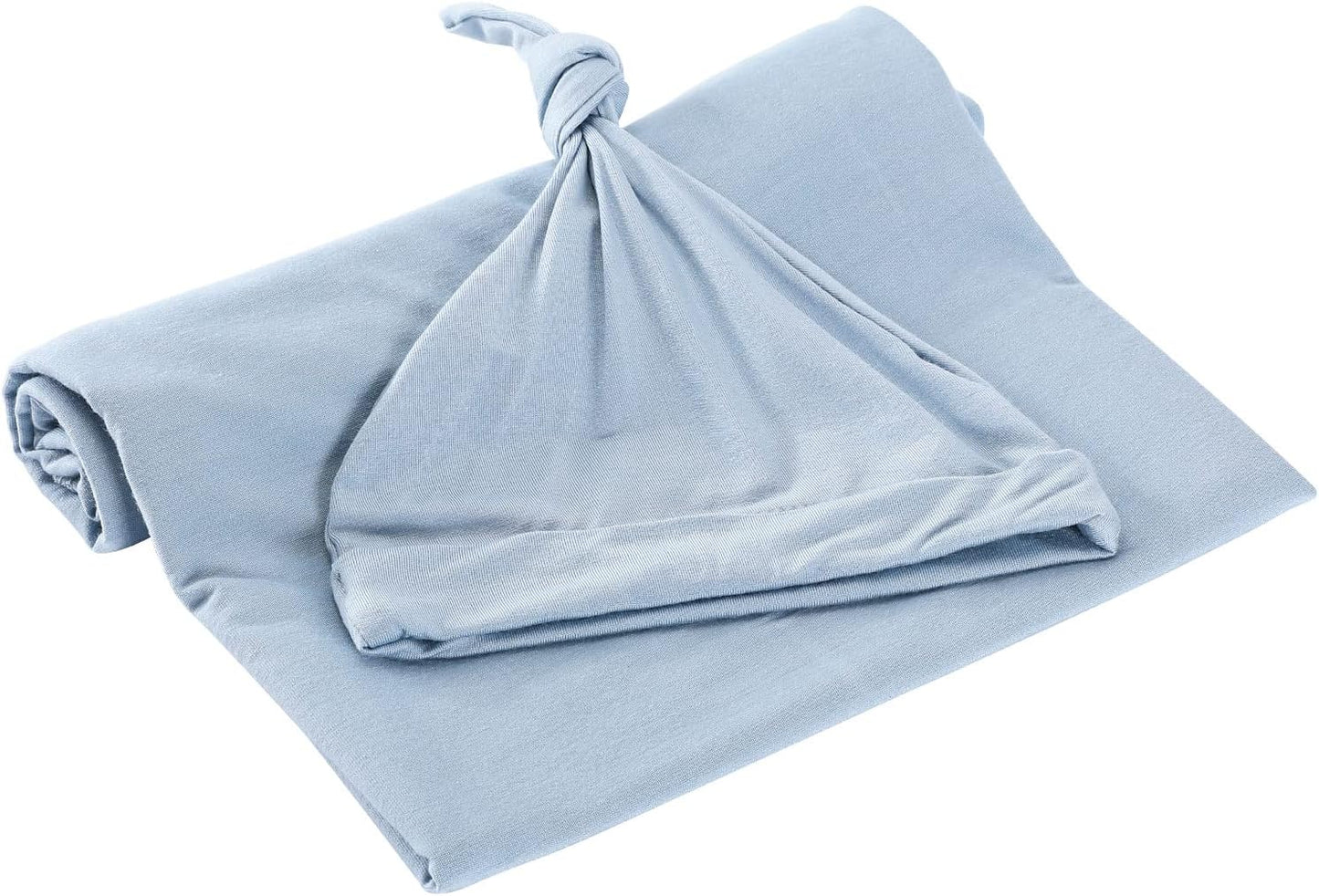 iEvolve Cotton Knitted Baby Swaddle Blanket with Hat Headband Set Newborn Swaddle Wrap Receiving Blankets for Baby Girl Boy 45" x 45"(Lightblue)