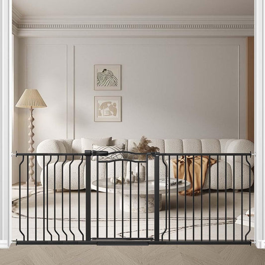 Fairy Baby 67.3"-81.1" Extra Wide Baby Gate for Stairs, Large Pet Dog Gate for Wide Openings, Pressure Mounted Safety Child Gate, Metal Auto Close Long Pet Gate for Doorways with Walk Thru Door, Black
